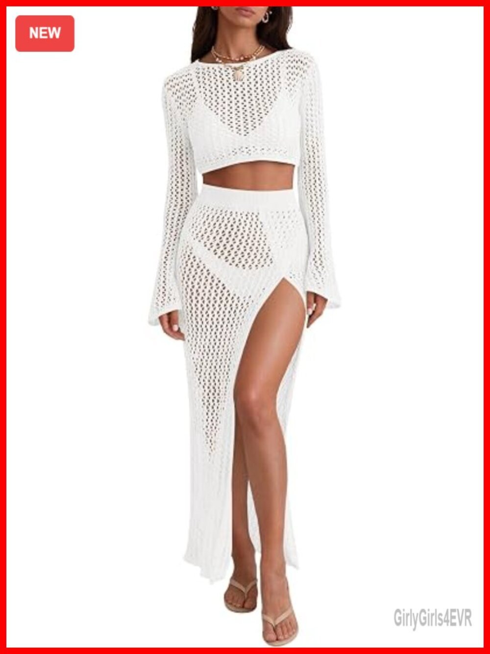 Crochet Beach Cover Up Set 2 Piece Boat Neck Crop Top Maxi Skirt